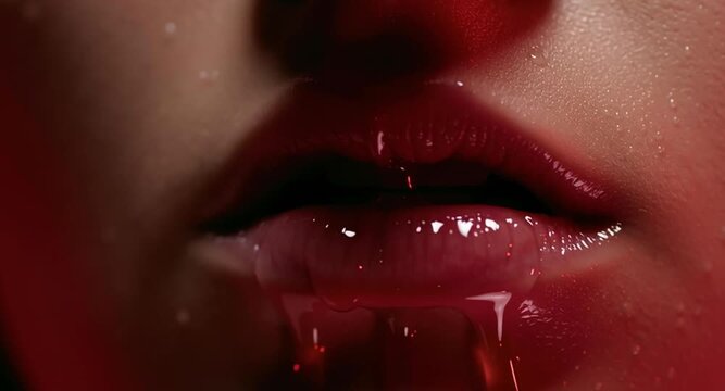 Extreme close up of a viscous red liquid, like syrup or honey, pouring over a woman's sensual, glossy lips in slow motion, creating a seductive and glamorous beauty aesthetic