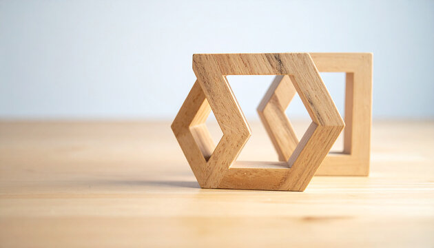 Optical Illusion: A wooden geometric shape, forming an impossible object, sits on a light wooden surface, against a blurred light background, creating a mind-bending visual effect