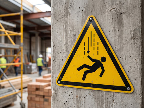 Yellow caution sign warning about falling objects at a busy industrial construction site