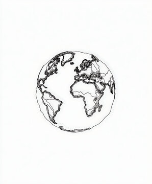 Line drawing of the earth a spherical globe with continents on a white background