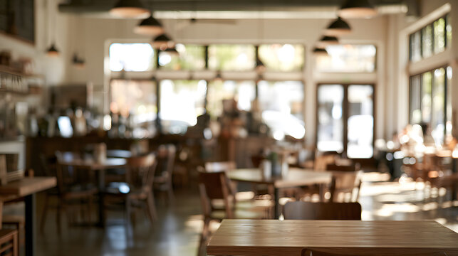 自然光が差し込む明るいカフェの店内風景とボケ味のあるテーブル