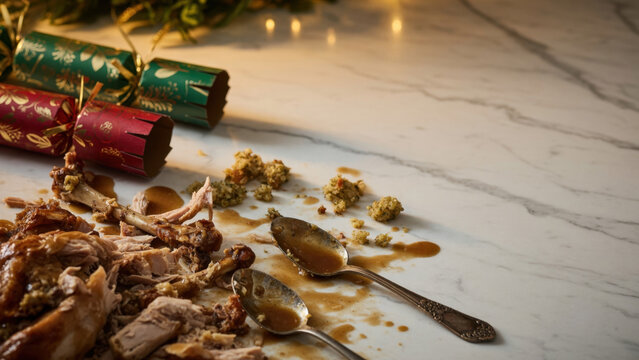 Christmas dinner roast turkey gravy stuffing holiday food festive table marble surface food mess leftover meat silver spoon joyful christmas dinner Messy kitchen after Christmas dinner concept