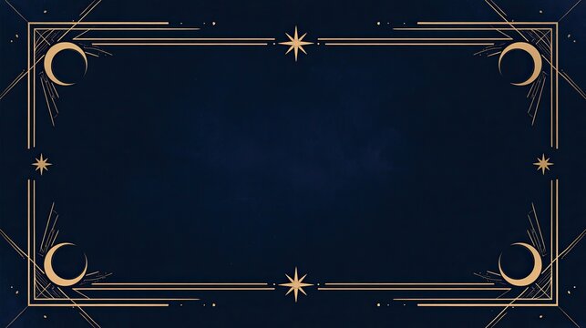 Ornate celestial frame with moons, stars, and sunbursts on deep blue