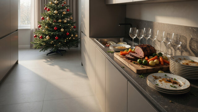 Christmas tree holiday dinner roasted meat kitchen interior festive table glassware carrot potato winter light cozy home christmas tree holiday dinner Messy kitchen after Christmas dinner concept