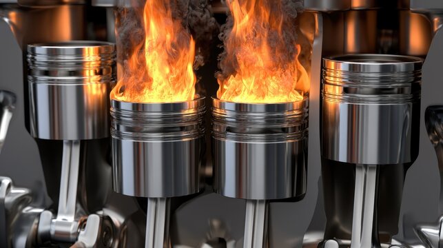 Close-up of internal combustion engine pistons with flames