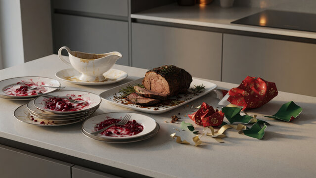 Festive dinner table roast holiday meal sliced meat cranberry sauce gravy boat white plate cutlery ribbon kitchen counter celebration Messy kitchen after Christmas dinner concept