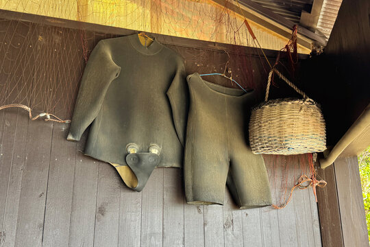 Displayed diving equipments used by the ama woman sea diver in Japan