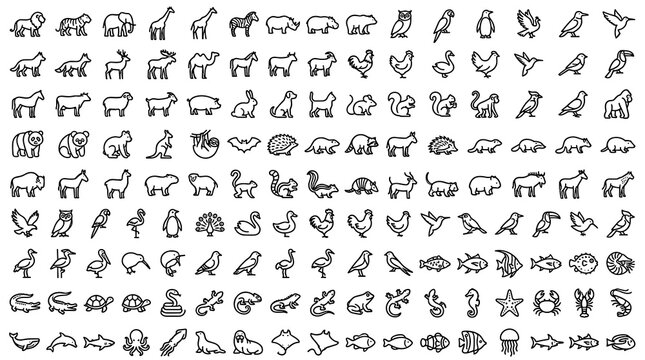 110 animal outline icons featuring mammals birds reptiles and aquatic creatures in trendy minimalist editable vector style for wildlife design