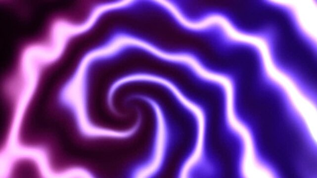 Animated purple and violet neon spiral with glowing electric waves in dark space