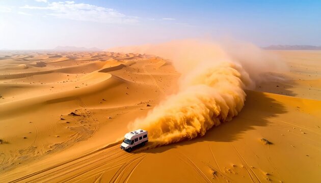 Desert Dunes Offroad Vehicle Racing Across Sunlit Sand.