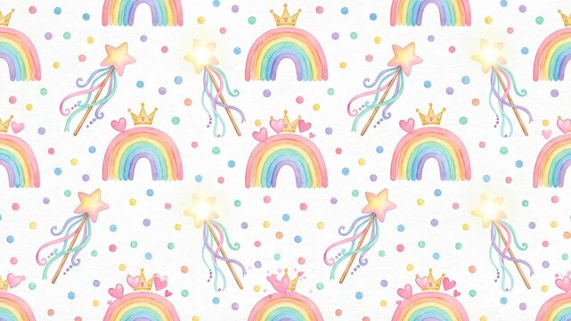 Watercolor rainbow star and magic wand seamless pattern.