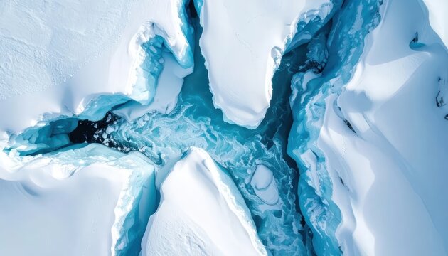 Glacial blue crevasses and ice surface in Arctic environment.