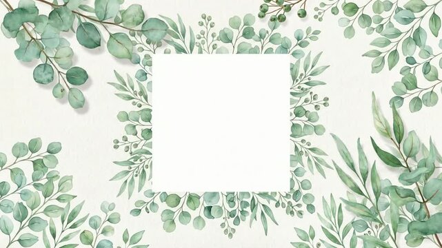 Botanical watercolor eucalyptus leaf border with white square text frame.