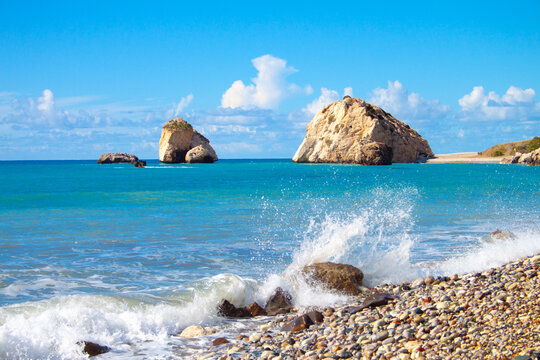 Scenic touristic destination of 'Petra tou Romiou' or 'Aphrodite's Rock' beach on the island of Cyprus