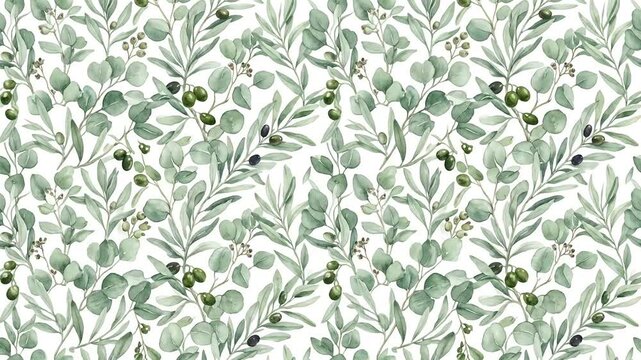 Lush watercolor eucalyptus and olive leaf seamless greenery pattern.