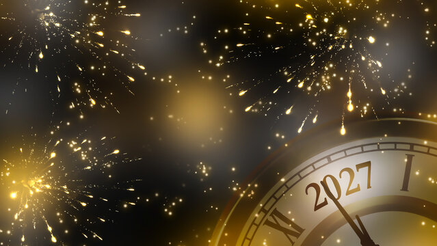 happy new year 2027 retro countdown clock on abstract glittering midnight sky with fireworks explosion and sparks, festive party invitation card concept for new years eve