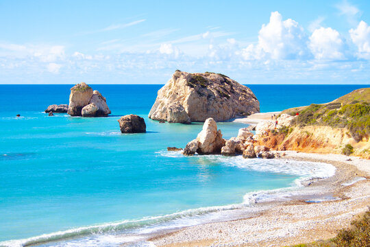 Scenic touristic destination of 'Petra tou Romiou' or 'Aphrodite's Rock' beach on the island of Cyprus