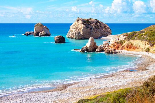 Scenic touristic destination of 'Petra tou Romiou' or 'Aphrodite's Rock' beach on the island of Cyprus