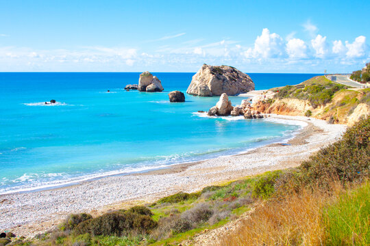 Scenic touristic destination of 'Petra tou Romiou' or 'Aphrodite's Rock' beach on the island of Cyprus