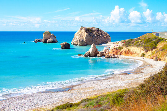Scenic touristic destination of 'Petra tou Romiou' or 'Aphrodite's Rock' beach on the island of Cyprus