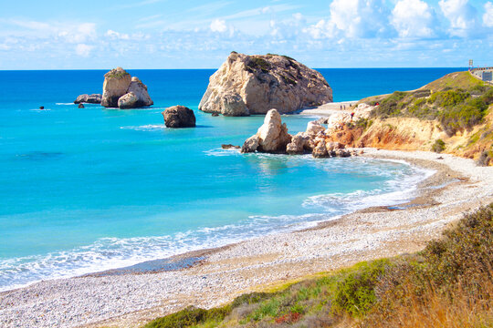 Scenic touristic destination of 'Petra tou Romiou' or 'Aphrodite's Rock' beach on the island of Cyprus