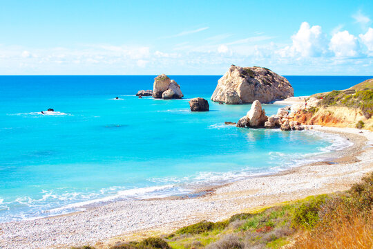 Scenic touristic destination of 'Petra tou Romiou' or 'Aphrodite's Rock' beach on the island of Cyprus