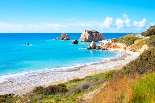 Scenic touristic destination of 'Petra tou Romiou' or 'Aphrodite's Rock' beach on the island of Cyprus