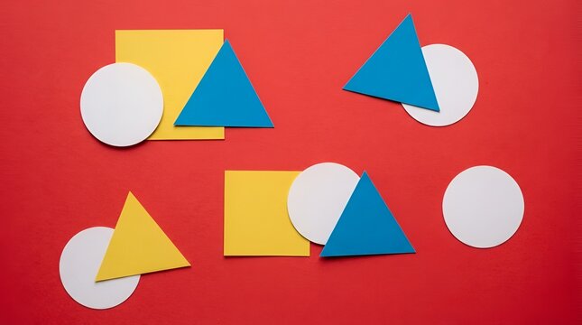 Flat lay composition of colorful paper shapes including yellow squares, blue triangles, and white circles arranged on a vibrant red background surface