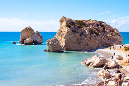 Scenic touristic destination of 'Petra tou Romiou' or 'Aphrodite's Rock' beach on the island of Cyprus
