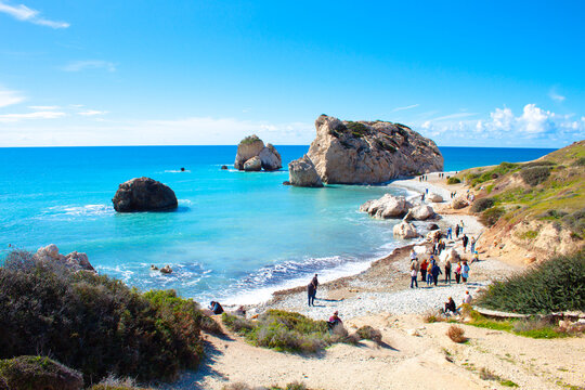 Scenic touristic destination of 'Petra tou Romiou' or 'Aphrodite's Rock' beach on the island of Cyprus