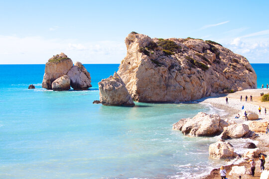 Scenic touristic destination of 'Petra tou Romiou' or 'Aphrodite's Rock' beach on the island of Cyprus