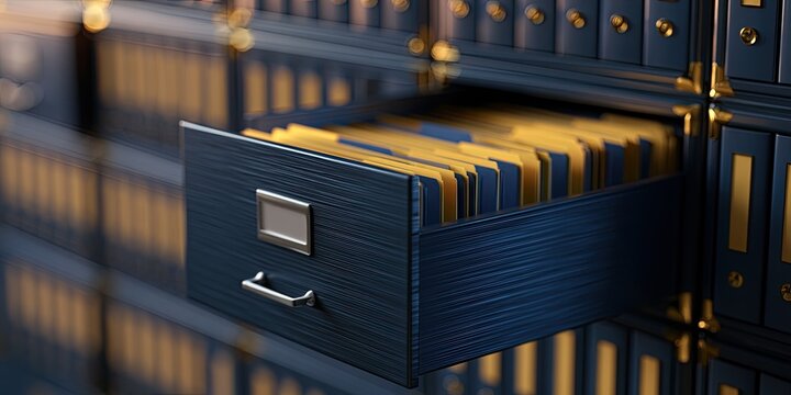 Dark blue filing cabinet drawer pulled open, revealing organized yellow folders