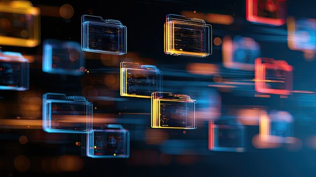 Digital folders with glowing data streams in a network