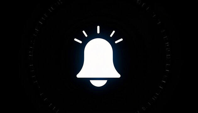 Glowing white bell icon on a dark background with a circular dotted outline, notification concept