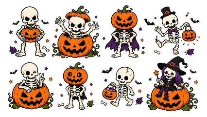 Fototapeta premium Funny halloween skeleton and pumpkin jack o lantern characters vector illustration set