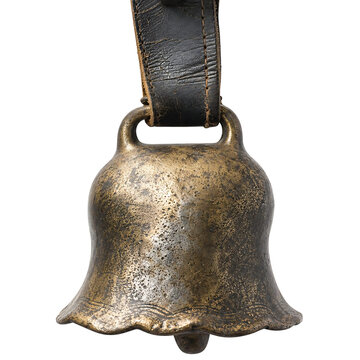 Antique cowbell with leather strap isolated on transparent background