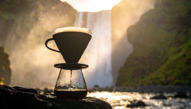 Pour Over Coffee Scene Beside a Majestic Waterfall.