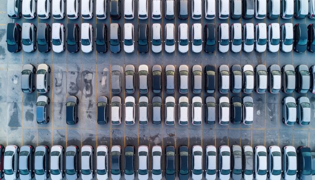 Aerial Parking Lot Of Blue Colored Vehicles.