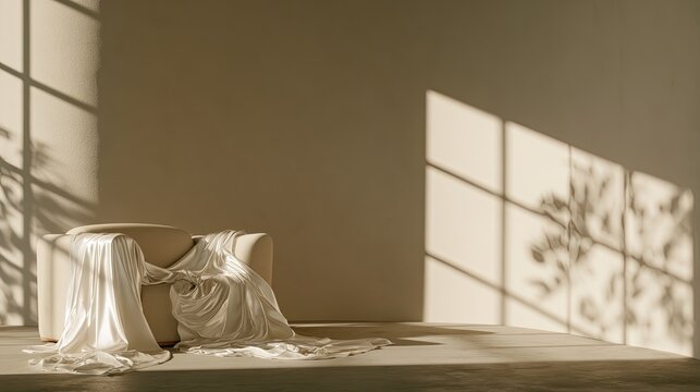 Serene room with soft light, draped chair, and natural shadow play