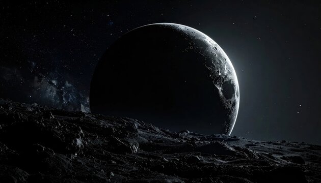 A lone planet rises over a rugged lunar landscape at night.