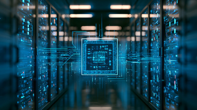 Modern data centers featuring AI infrastructure, with a glowing icon of a microchip connected to high-performance server racks
