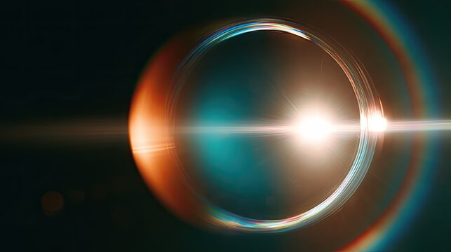 Abstract lens flare with bright light and vibrant rings against dark background