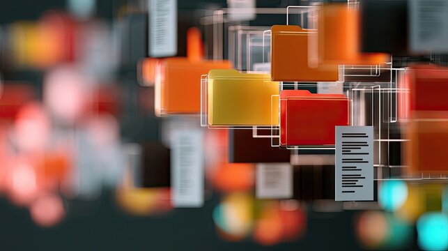 Abstract rendering of colorful digital file folders in a chaotic data structure