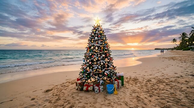 Decorated christmas tree stands on tropical sandy beach during golden hour sunset with presents and blue bucket under soft clouds