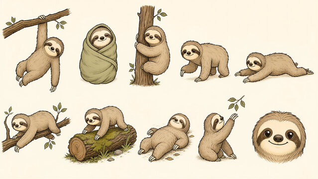 Cute sloth cartoon character set in various poses, funny sloths hanging on tree branch, wrapped in blanket, sleeping and crawling, clip art illustration bundle