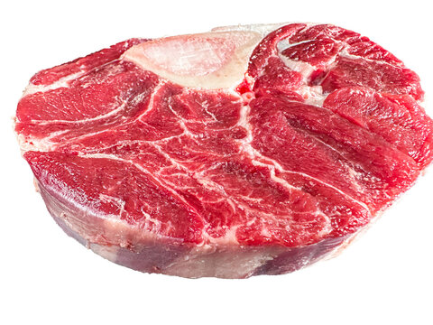 Fresh raw beef shank cross cut with marrow bone isolated on transparent background. Fresh meat ingredient for cooking, protein nutrition, diet meals, butcher shop, food market and restaurant kitchens.