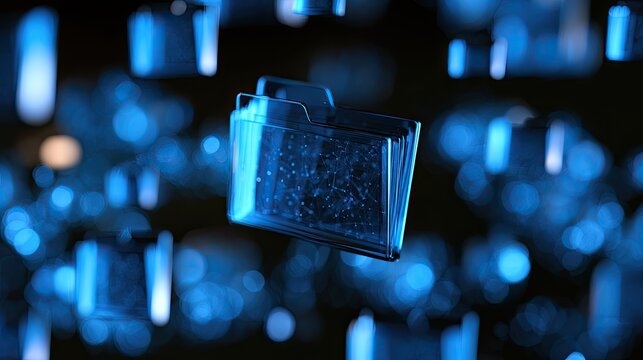 Transparent folders with glowing particles float in a dark, bokeh-filled space