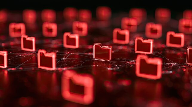 Abstract network of glowing red digital folders on a dark background