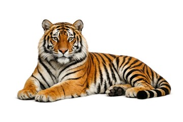 Obraz premium A majestic tiger lying down against a plain white background.