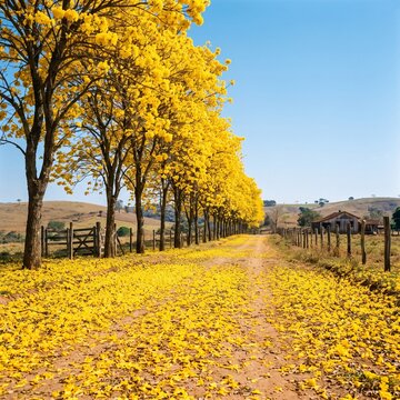 Dirt Road Covered with Fallen Yellow Ipe Flower Petals in Countryside
